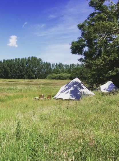 GlampingWe have luxury glamping on the farm.  There are ten beautiful bell tents each with proper beds, sumptuous bed linen & quirky vintage furniture.